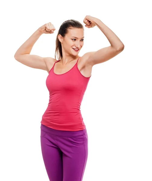 Attraktiv kvinna fitness. visar biceps — Stockfoto