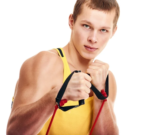 Hombre haciendo ejercicio con goma. retrato cercano —  Fotos de Stock