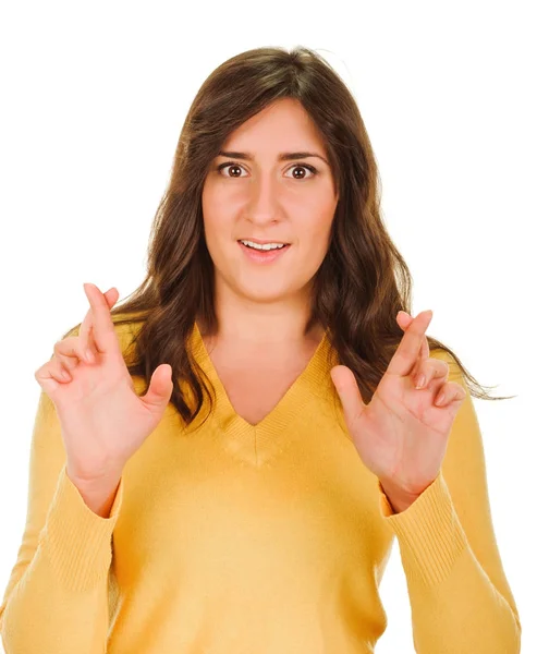 Young woman crossing fingers, praying, christening — Stock Photo, Image