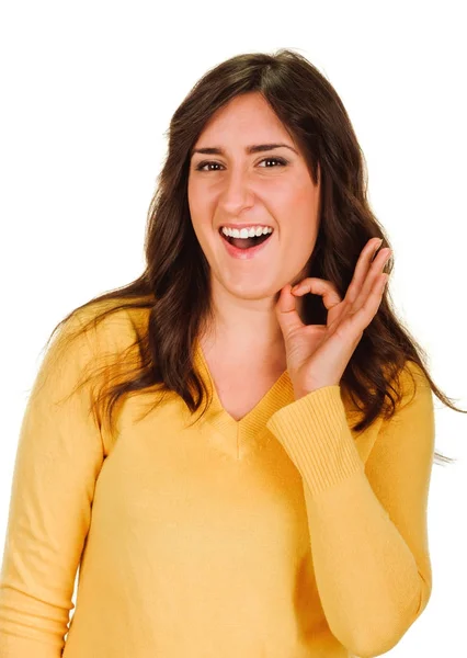 Woman showing fingers on her throat. Drink — Stock Photo, Image