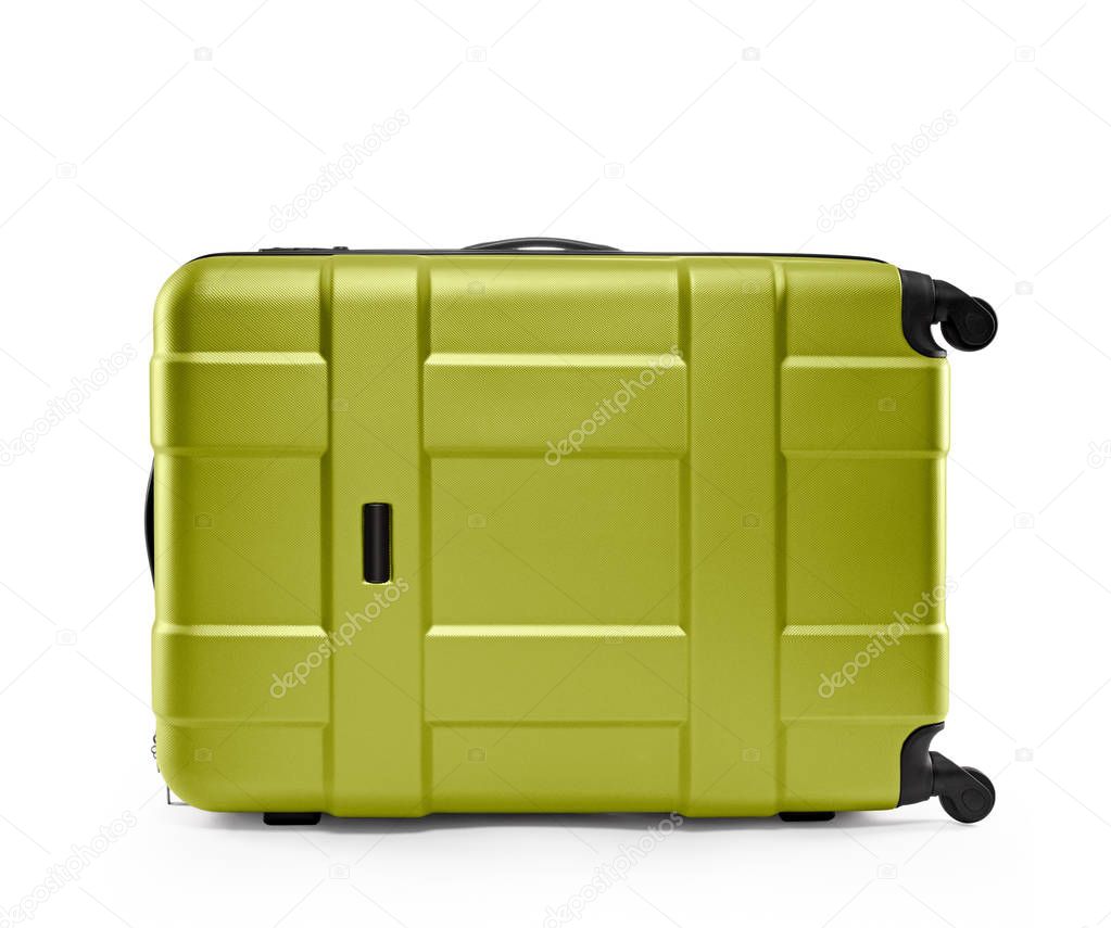 light green suitcase. lying on its side