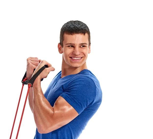 Hombre ejercitándose con expansor de goma. retrato —  Fotos de Stock