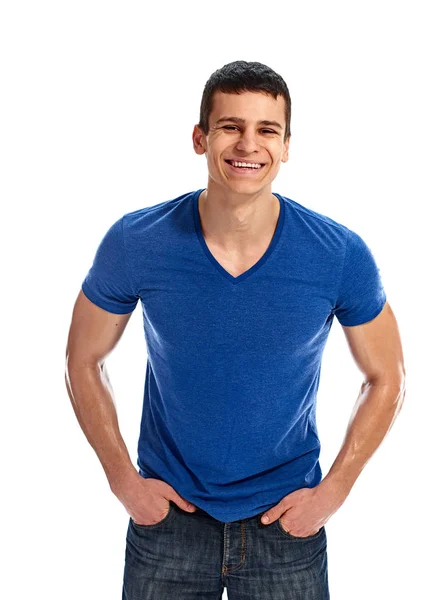 Uomo sorridente bianco blu t shirt — Foto Stock