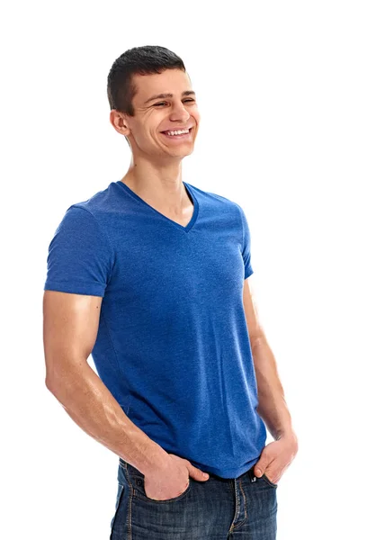 Smějící se muž prázdné modré tričko — Stock fotografie