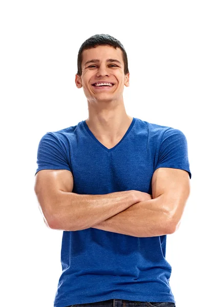 Fröhlicher Mann leeres blaues T-Shirt — Stockfoto