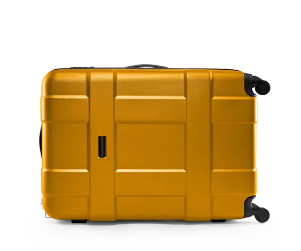 Желтый темный пластик чемодана. lying on its side — стоковое фото