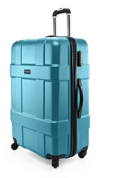 Серо-голубой чемодан пластиковый полуразвернутый — стоковое фото