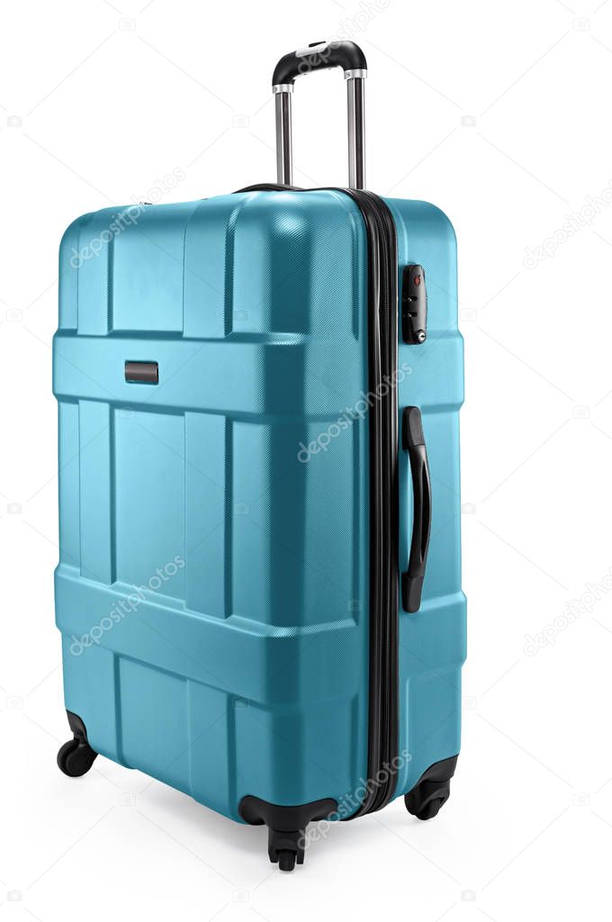 gray-blue suitcase plastic half-turned