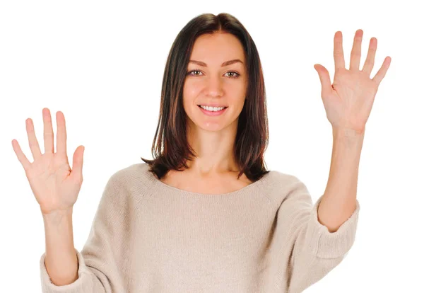 Attraktive Frau zeigt zehn Finger — Stockfoto