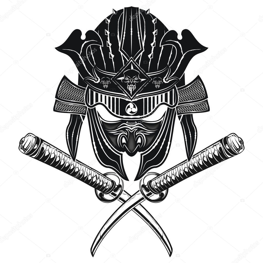 Samurai mask with helmet and two swords illustration.