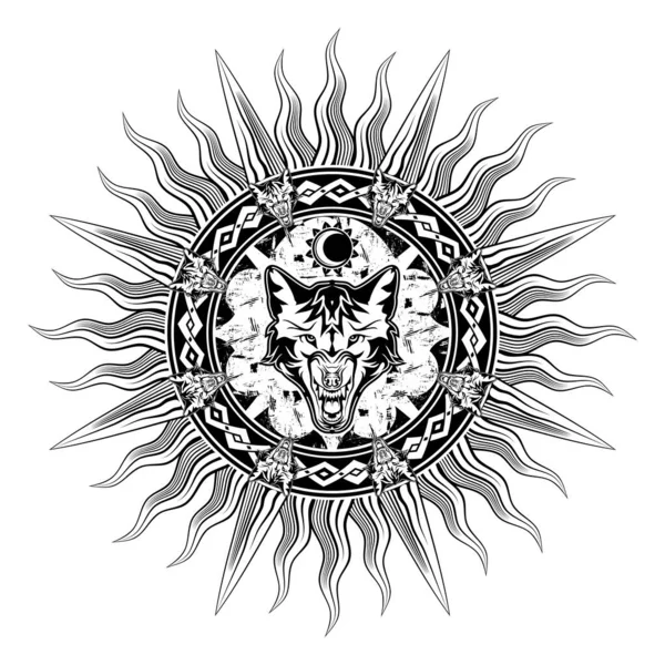 Fekete Törzsi Tetoválás Egy Dühös Farkas Vektorképe Nordic Grunge Stílusban — Stock Vector