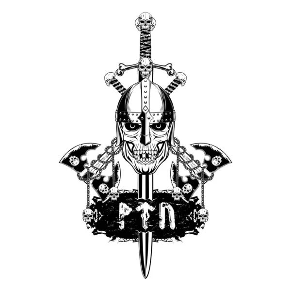 Image Vectorielle Casque Épées Haches Combat Tête Morte Crâne Fantastique — Image vectorielle
