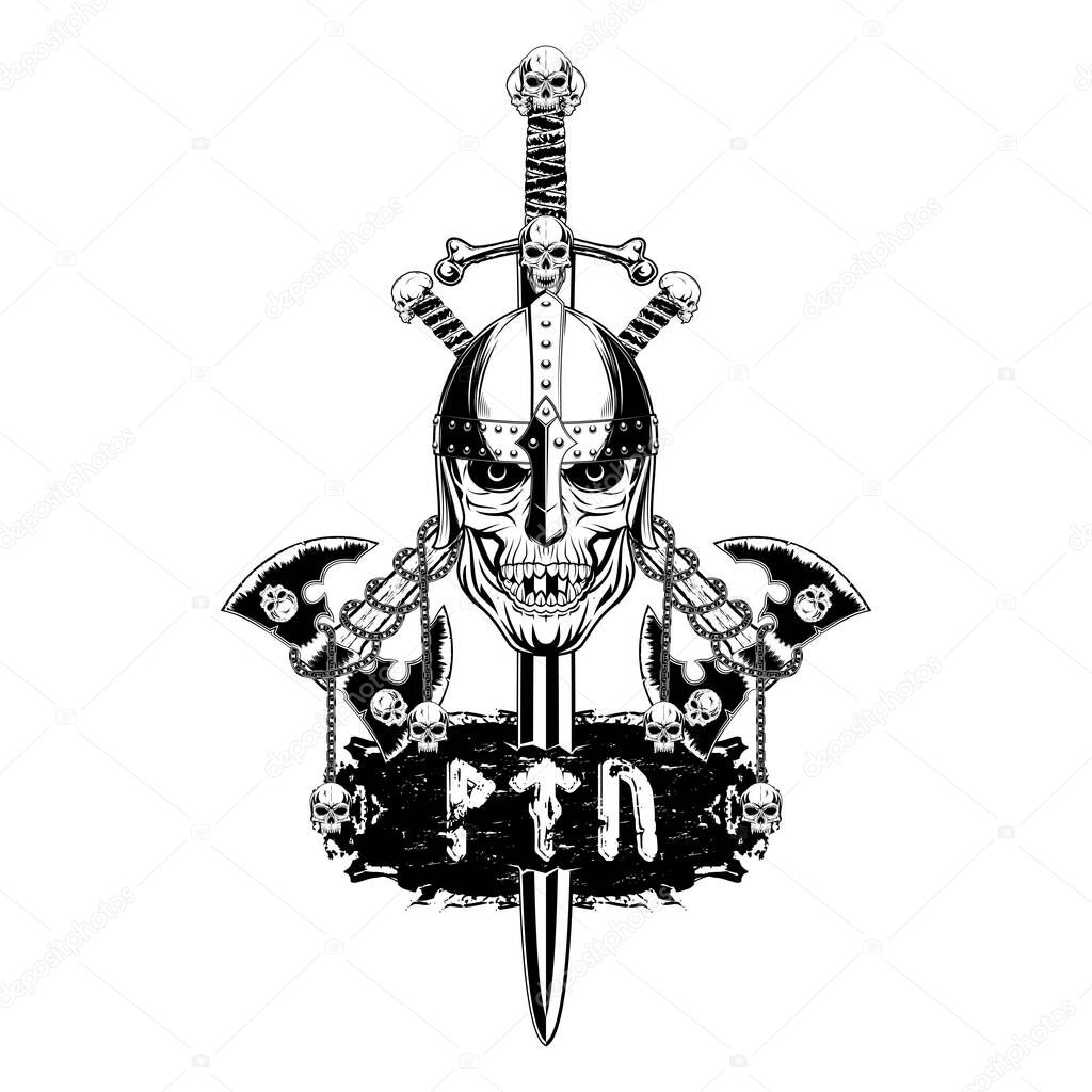 Vector image of a helmet, swords and fighting axes. Dead head. Skull of the fantastic Celtic warrior. Runes: victory, fight, power. Illustration of Scandinavian myths. T shirt print. Black tattoo.