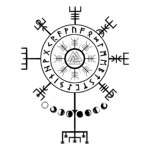 神聖な幾何学 ベジヴィエル 魔法のナビゲーションバイキングコンパスと恐怖のヘルメット アルファベットよ ムーンフェイズ 規則的な記号だ アイスランドの中世の看板 黒いスカンディナヴィアのタトゥー — ストックベクタ