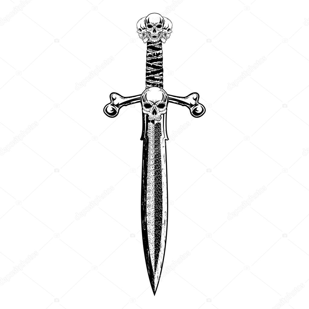 Vector image of a mythical short sword. Magic blade of a dead Viking. Drawing for design. Sacred weapon of Normans. Black tattoo. Vector illustration.