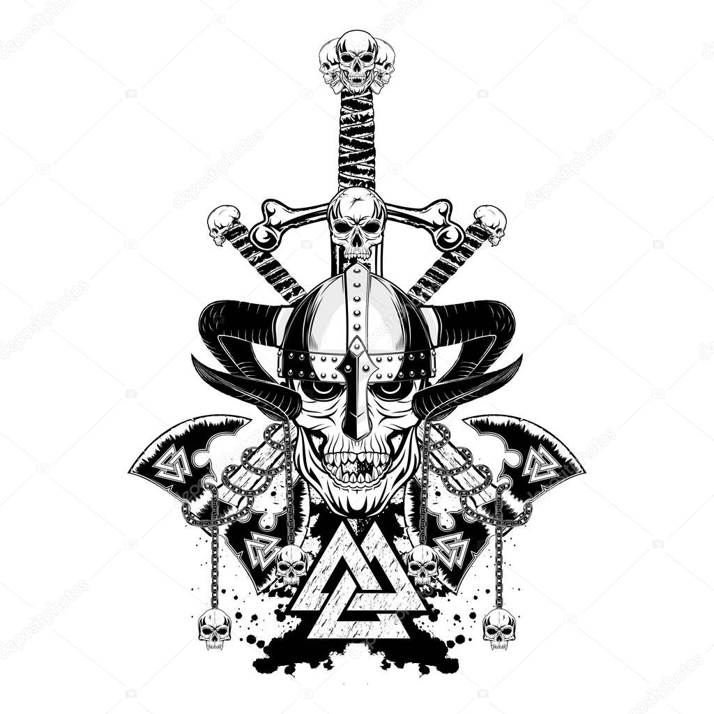 Vector Illustration of skull in horned helmet , two axes, sword and sacred symbol of the Vikings. Fantastic Celtic warrior. Scandinavian myths. T shirt print. Black tattoo. Triskelion. Triskele.