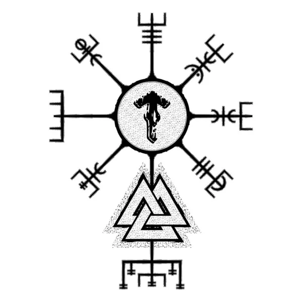 神圣的几何图形魔法导航维京人指南针逻辑字母表凯尔特符号中世纪冰岛的标志 Rune Teivaz 北方文化 Triskeliontriskele 黑色丑闻纹身 — 图库矢量图片