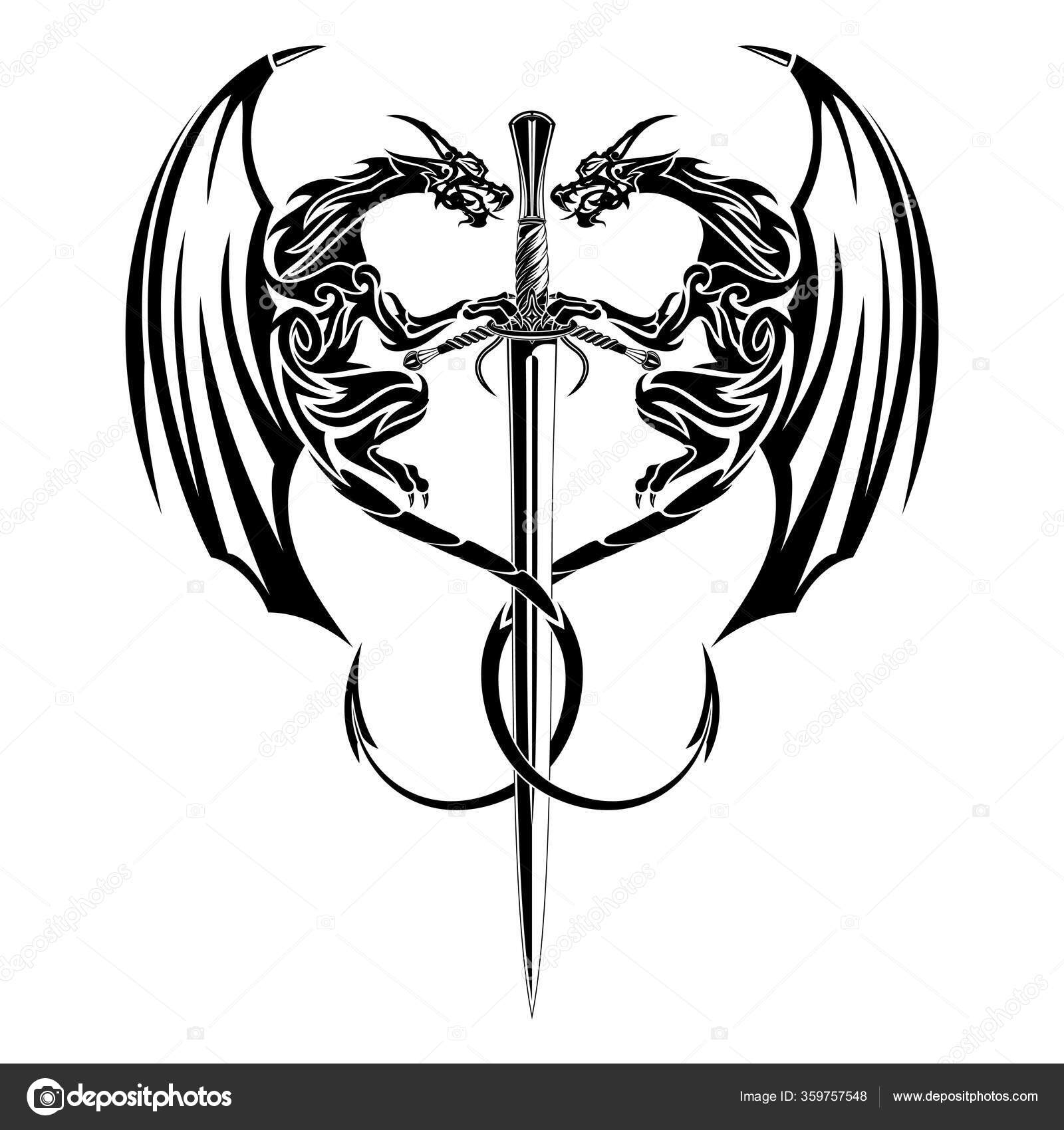 Vector Drawing European Myths Two Black Dragons Sword Fairy King