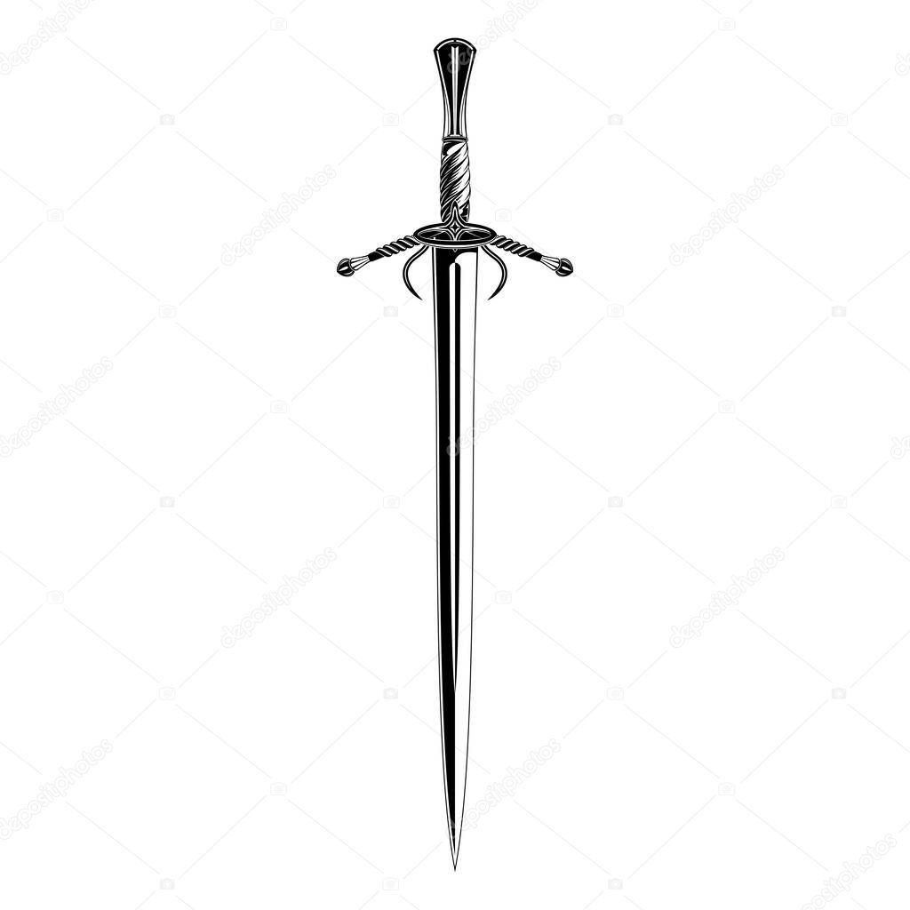 Vector drawing of a knight's longsword. Long blade. Weapon of the medieval fantastic king. Dragon Slayer weapons. Drawing for design. Black tattoo. Vector illustration.