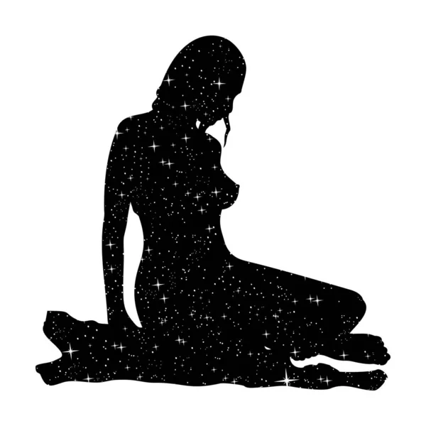 Dibujo Vectorial Silueta Una Chica Sentada Cielo Estrellado Espacio Noche — Archivo Imágenes Vectoriales