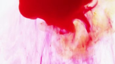 Yakın plan çekim. Suyun içinde rengarenk guaj bulutları ve ağır çekimde hareket ediyor. Mürekkep arkaplanı ya da mürekkep efektli arkaplan kullanımı, alfa kanalı onun için kullanılmaktadır