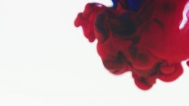 Renkli mürekkep, guaj bulutlarını suda karıştırır ve ağır çekimde hareket eder. Mürekkep arkaplanı ya da mürekkep efektli arkaplan kullanımı için alfa kanalı kullanılmaktadır. Yakın çekim.. 