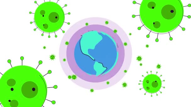 Covid 19に感染した地球 血液中の顕微鏡下のインフルエンザCovid 19ウイルス細胞の画像コロナウイルスCovid 19流行インフルエンザの背景病細胞を用いた流行医療リスク概念 — ストック動画