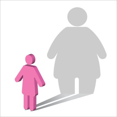 The symbol of a woman, casting a shadow of a much heavier woman. Body dysmorphia. clipart