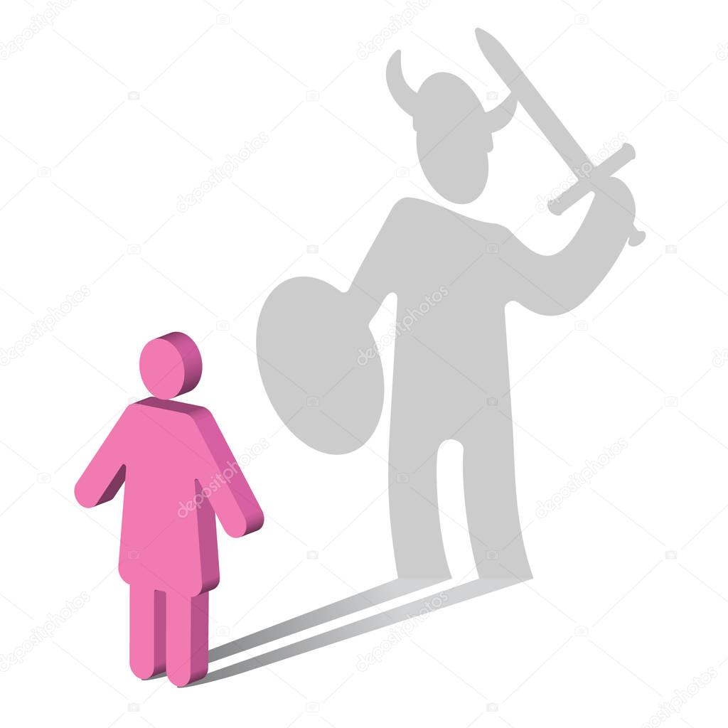 The symbol of a woman, casting a shadow of a viking.