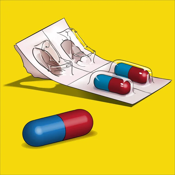 Medicamentos Cápsulas Azules Rojas Blíster Lámina Plástico — Archivo Imágenes Vectoriales