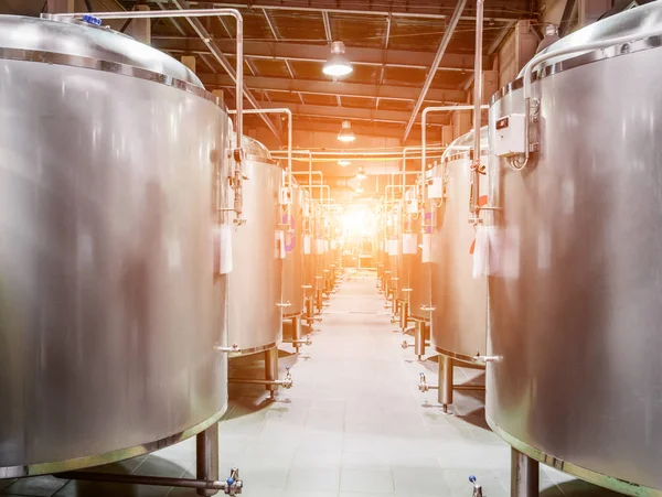 Modern Beer Factory. Steel tanks for beer fermentation