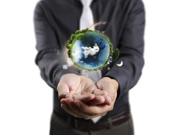 Globe, aarde in de hand, met de hand houden van onze planeet aarde gloeien. EA — Stockfoto