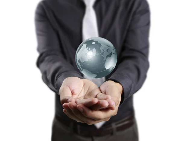 Globe, aarde in de hand, met de hand houden van onze planeet aarde gloeien. EA — Stockfoto
