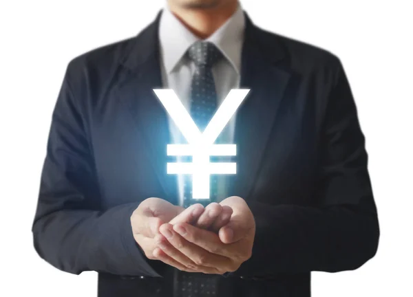 Empresário Com Símbolos Financeiros Provenientes Han — Fotografia de Stock