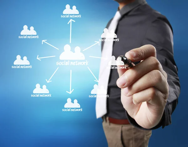 Business Man Drawing Social Network Structure — Stock Photo, Image