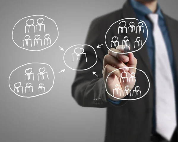 Business Man Drawing Social Network Structure — Stock Photo, Image