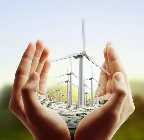 Eco Power Wind Turbines Hand — Stock Photo, Image