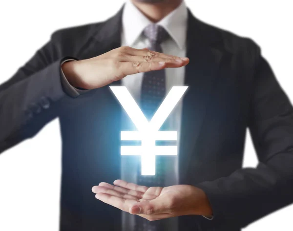Geschäftsmann Mit Finanzsymbolen Aus Der Hand — Stockfoto