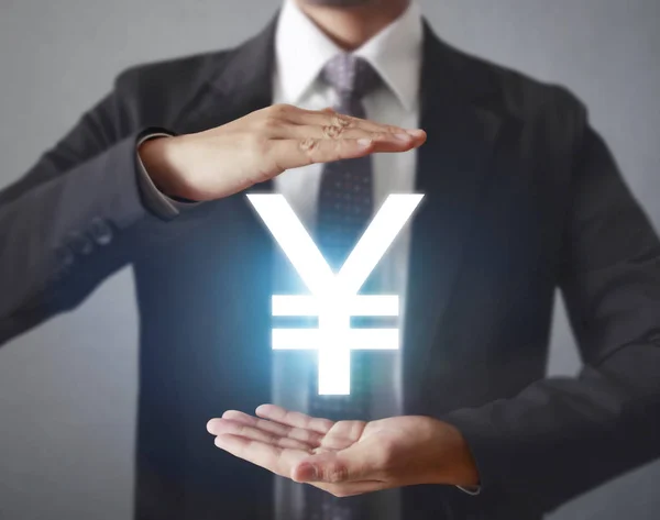 Business Man Financial Symbols Coming Hand — стоковое фото