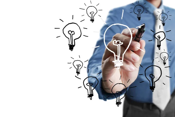 Businessman Drawing Light Bulb Whiteboard — Stock Photo, Image