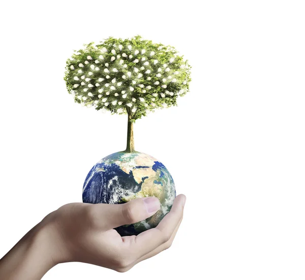 Globe Aarde Menselijke Hand Hand Die Onze Planeet Aarde Gloeien — Stockfoto