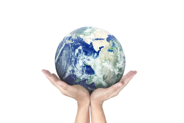 Globe, Ziemia w ludzkiej dłoni. Obraz ziemi dostarczone przez NASA — Zdjęcie stockowe