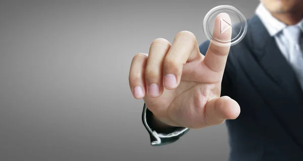 Hands touching button screen interface global connection custome — Stock Photo, Image