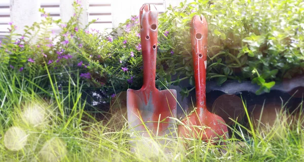 Szabadtéri kertészeti eszközök virágok Tavaszi kertészkedés gyönyörű garde — Stock Fotó