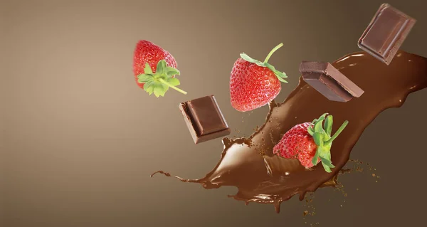 Primo piano di Strawberry Splashing nel cioccolato al latte — Foto Stock