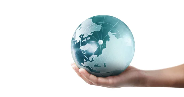 Globe, aarde in de hand van de mens, onze planeet stralend vasthoudend — Stockfoto