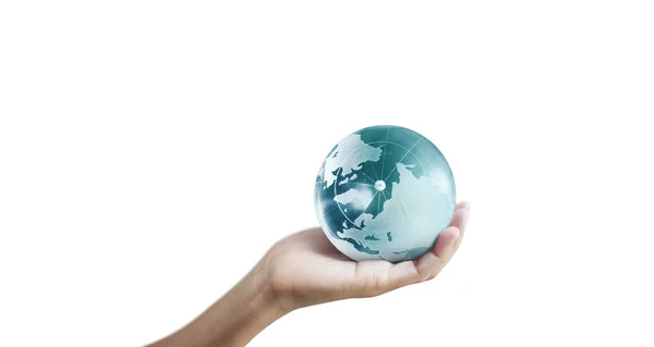 Globe ,earth in human hand, holding our planet glowing — Stock Photo, Image