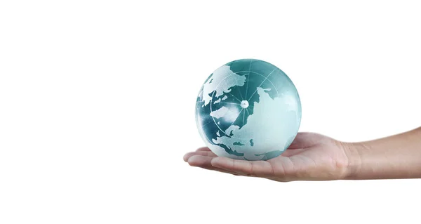 Globe, aarde in de hand van de mens, onze planeet stralend vasthoudend — Stockfoto