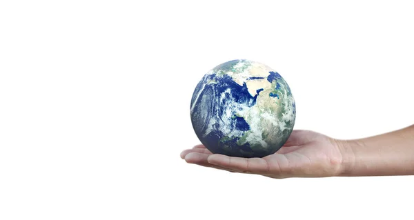 Globe, aarde in de hand van de mens, onze planeet stralend vasthoudend — Stockfoto