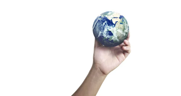 Globe, aarde in de hand van de mens, onze planeet stralend vasthoudend — Stockfoto